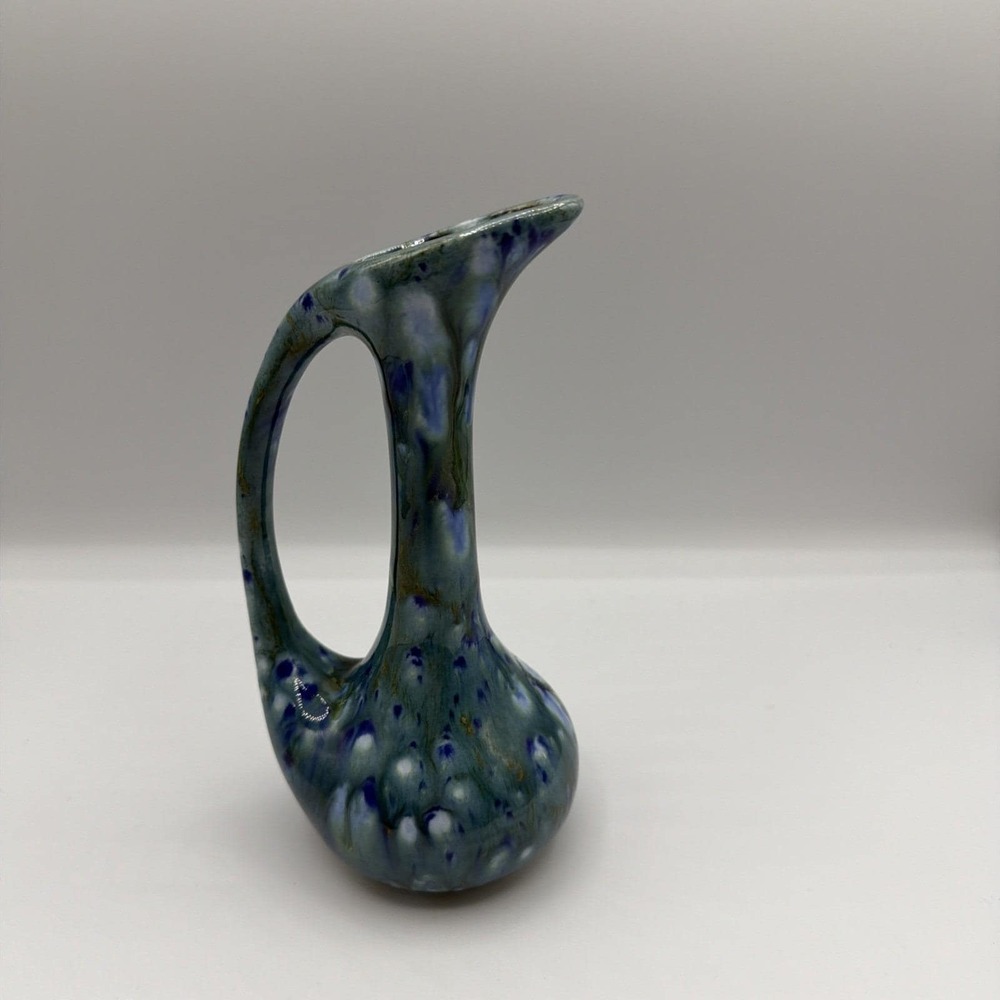 VTG Studio Ceramic Pottery Pitcher Bud Vase Blue w Drip Glaze MCM Signed